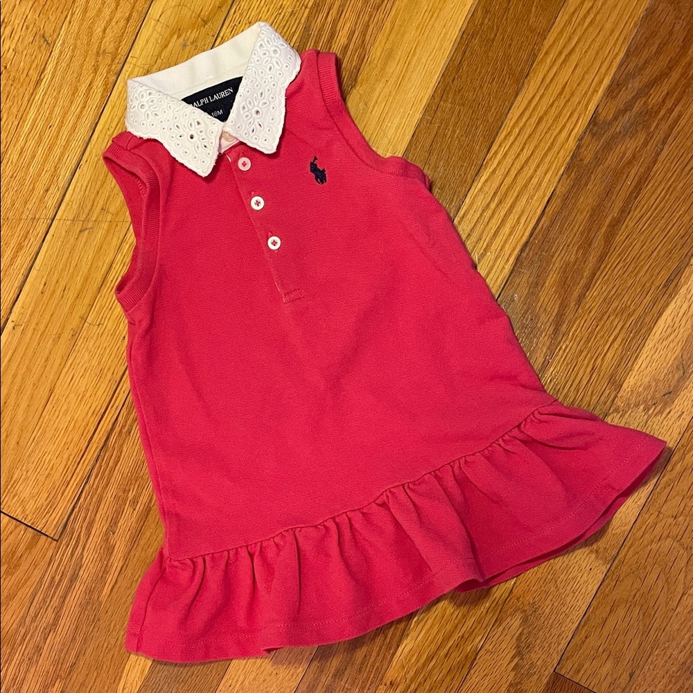 RALPH LAUREN Girls Sleeveless Red Ruffle Polo Dress w White Cotton Eyelet Collar